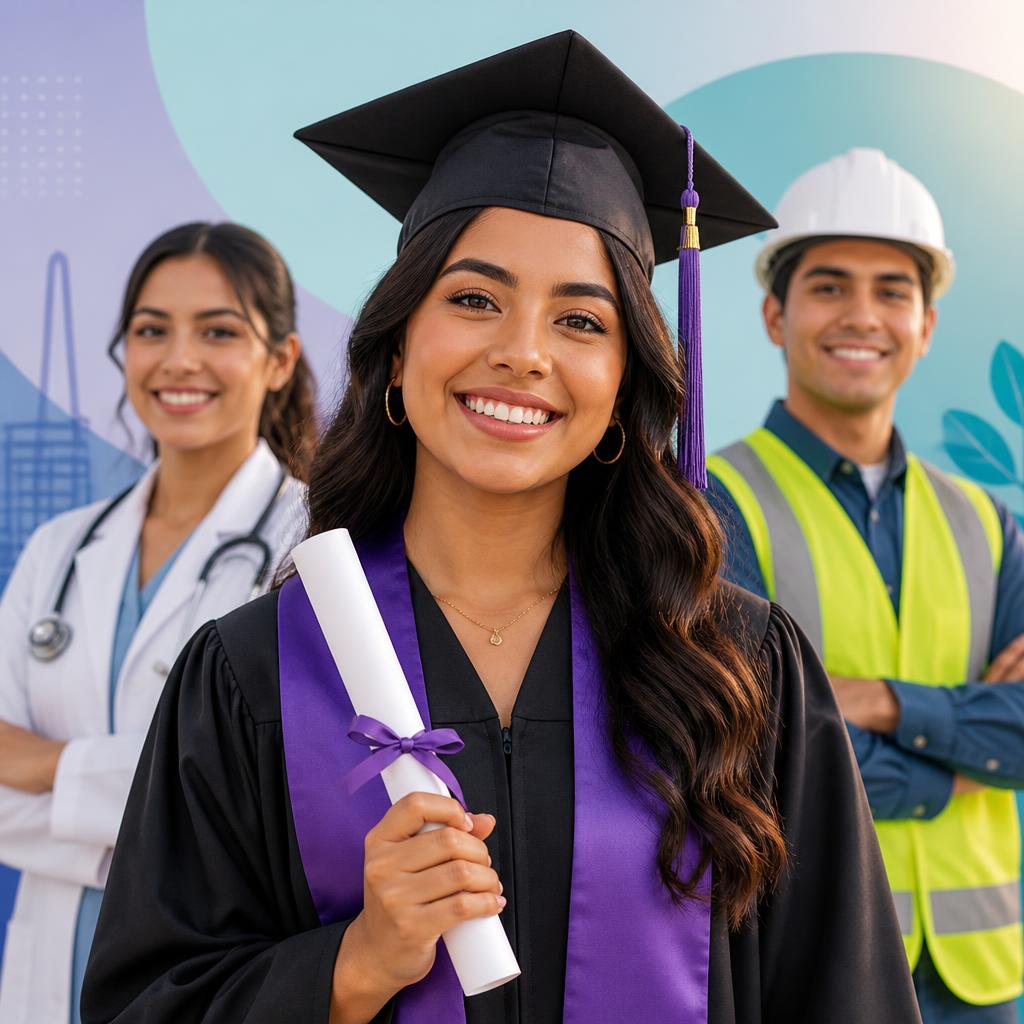 Estudiante graduada con toga y diploma en la mano, acompañada de una profesional de la salud y un ingeniero